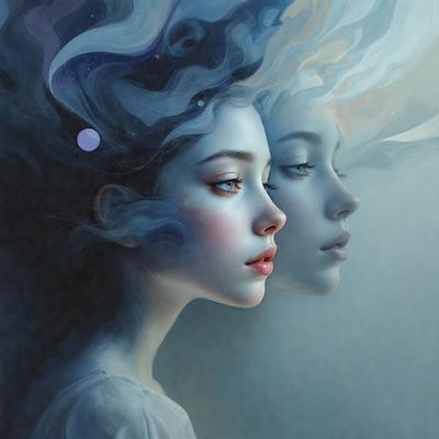 The primary subject of the image is a woman with long hair, who is looking at her reflection in a mirror. The setting is a room with a mirror on the wall, and the visual style is a painting or drawing. The colors and mood of the image are predominantly blue, creating a calm and serene atmosphere.